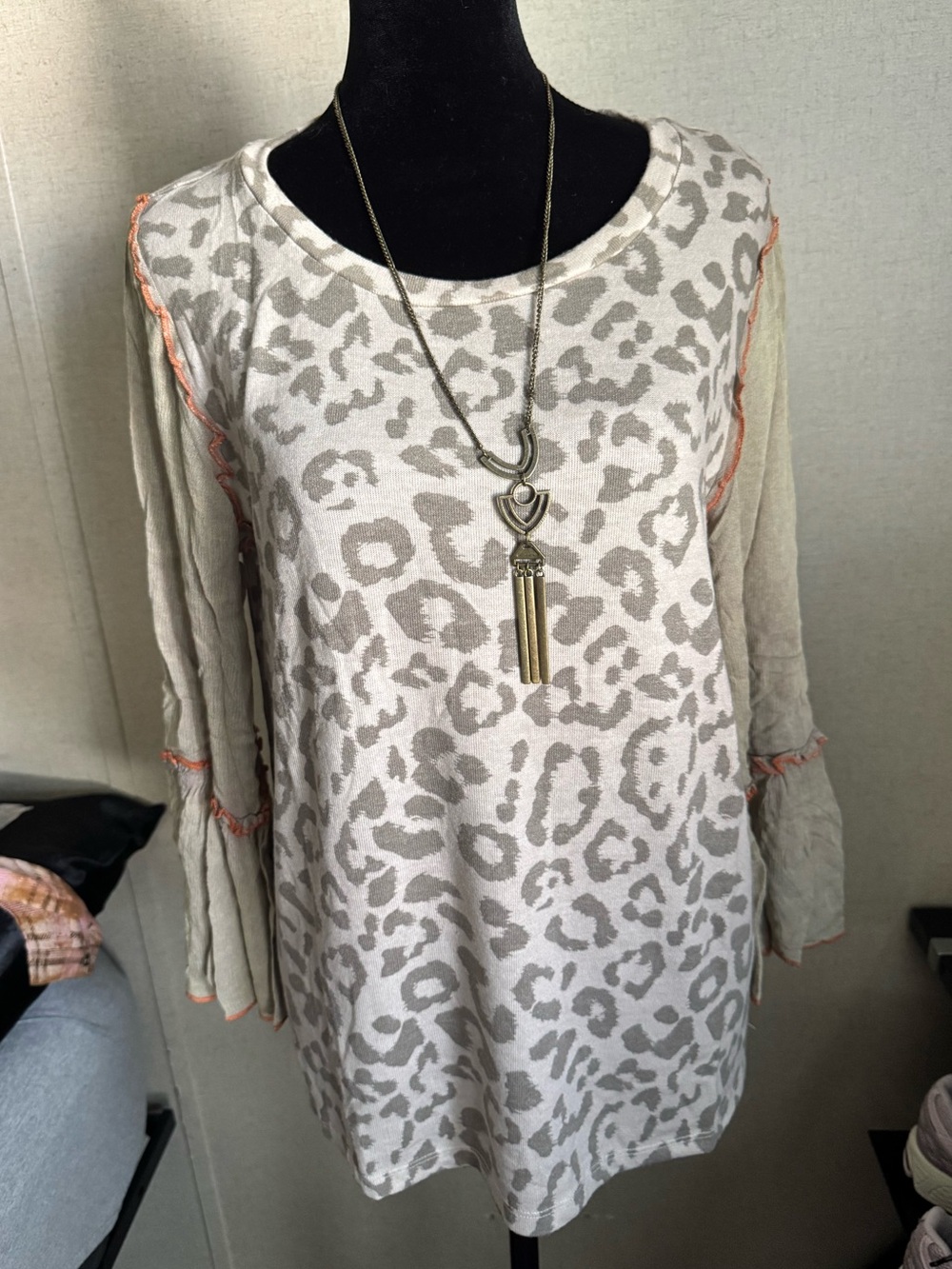Mystree Cream and Gray Leopard-Print Tunic with Orange Accent